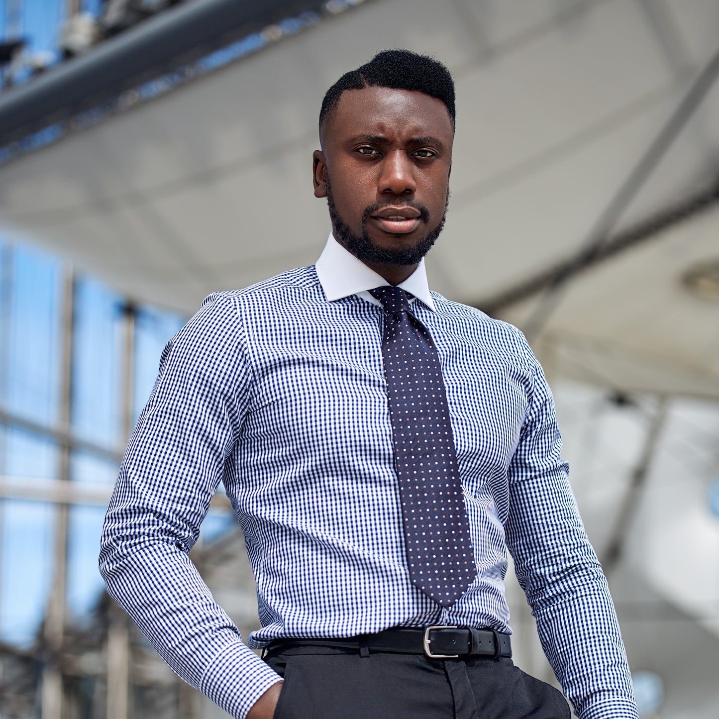Chemise KINSHASA - Carreaux bleu au col blanc
