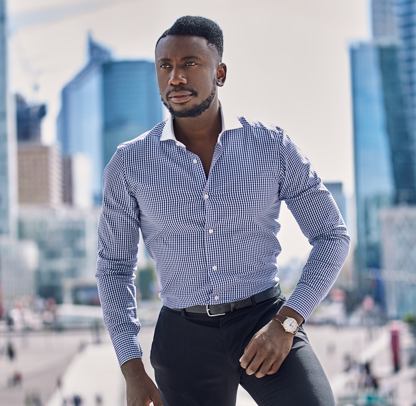 Chemise KINSHASA - Carreaux bleu au col blanc