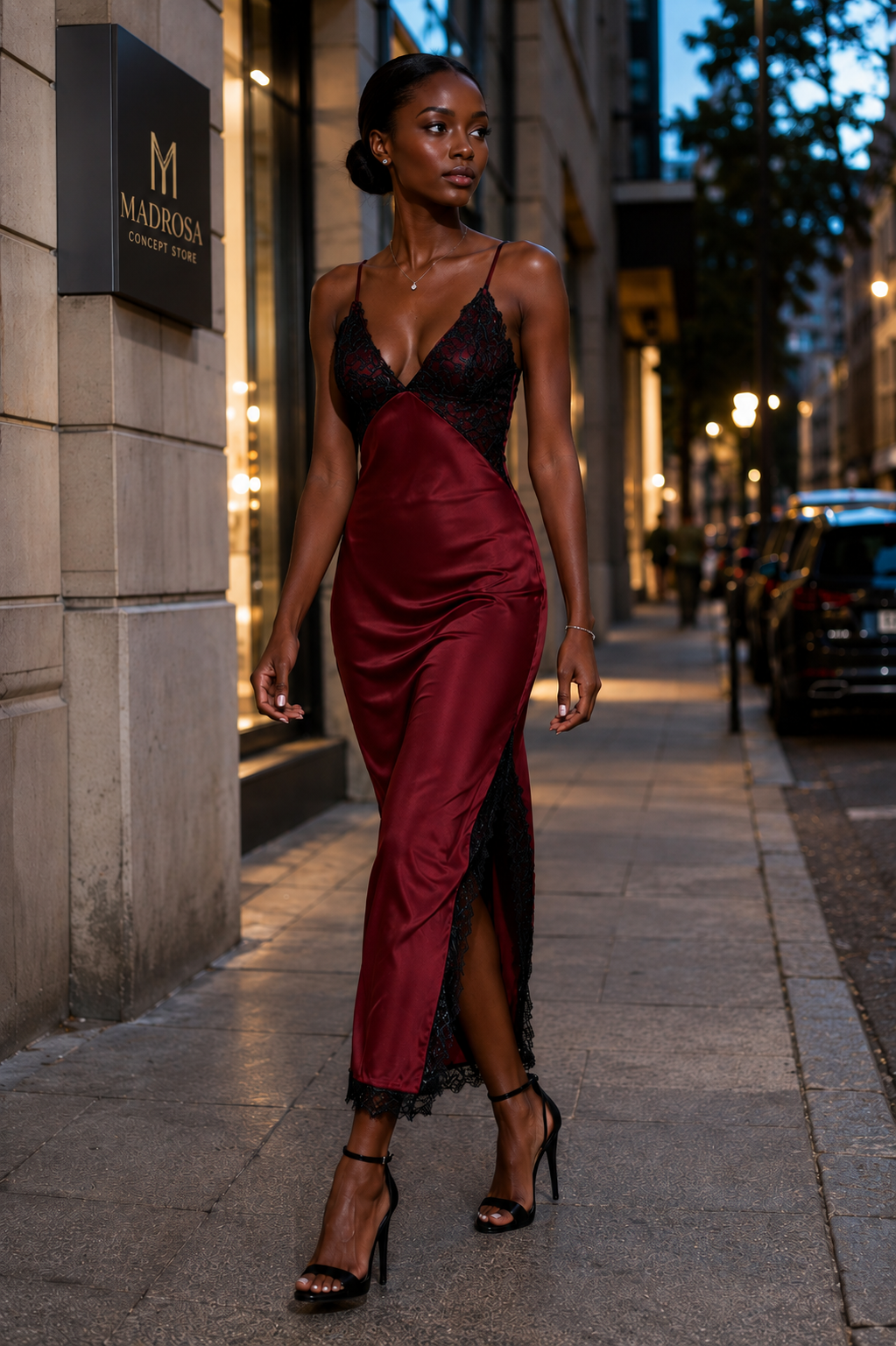 Robe satin Bordeaux & dentelle noire