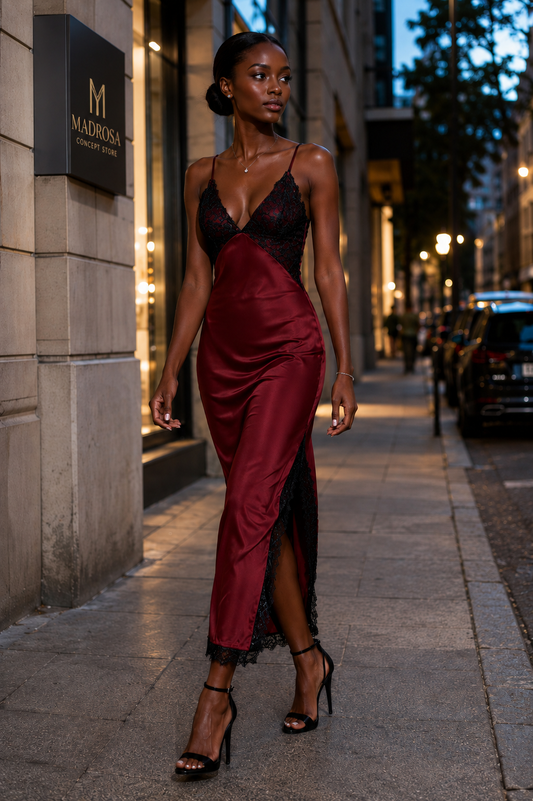 Robe satin Bordeaux & dentelle noire