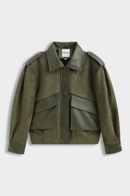 Veste bimatière daim & simili-cuir kaki COPPEROSE