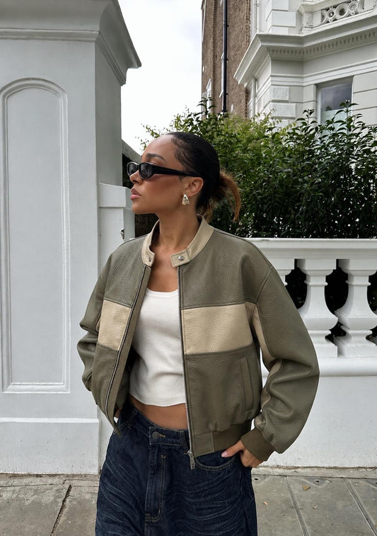Blouson bicolore kaki & beige en simili-cuir COPPEROSE